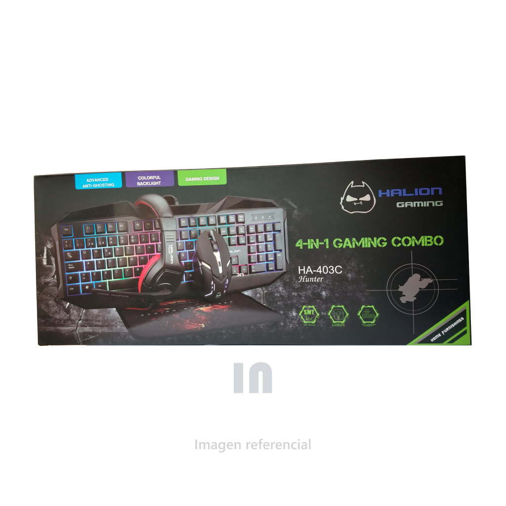 COMBO GAMER 4 EN 1 HUNTER HALION HA-403C, TECLADO, MOUSE, AURICULAR Y MOUSE PAD.