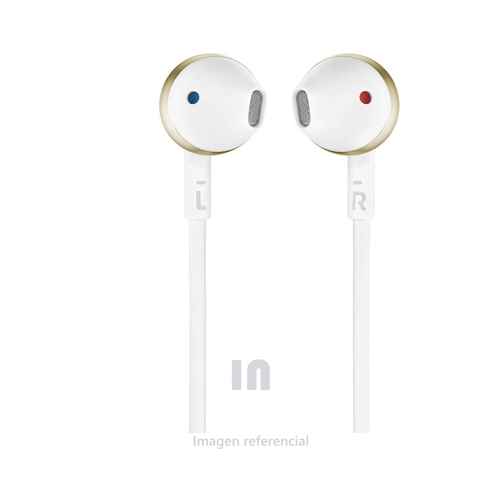 Auricular JBL Harman Tune205 - Cable Plano Antienrredo, Micrófono, Bolsita de Transporte, Dorado/Blanco