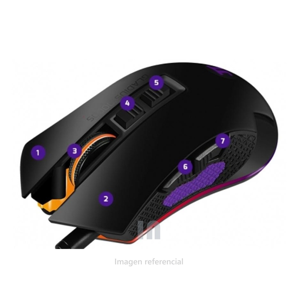 MOUSE PRIMUS Gladius10000SPMO-201, CON LUCES RGB, CABLE TRENZADO NEGRO Y MORADO, 7 BOTONES CONFIDURABLES.