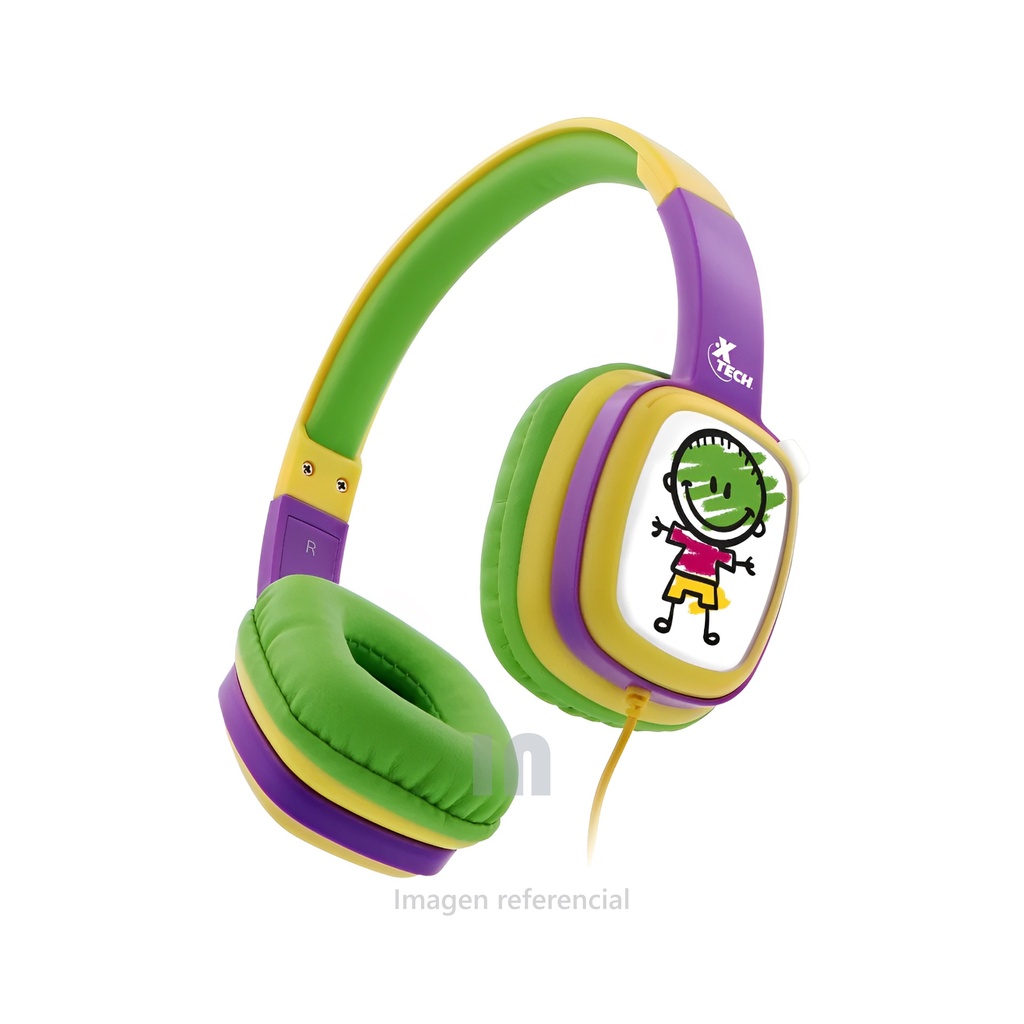 AURICULAR XTECH XTH350 DIADEMA PARA NIÑOS DE 2 AÑOS A MAS, MICRO PARLANTE DE 30MM, CAPSULAR PARA TARJETAS QUE PUEDEN COLOREAR, 85dB MAXIMOS RECOMENDADO PARA NIÑOS, ALMOHADILLAS VERDES.