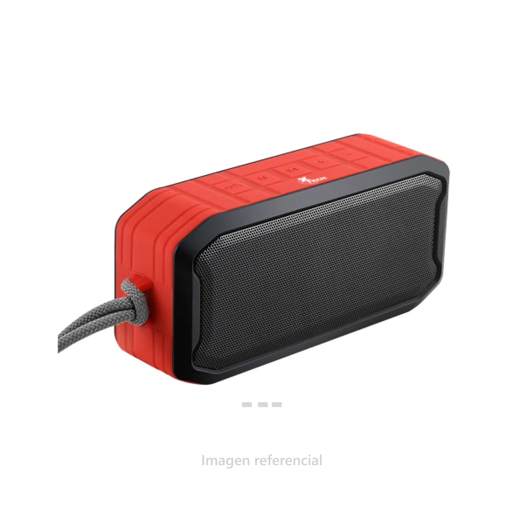 PARLANTE PORTÁTIL XTECH XTS-621, BLUETOOTH 5.0 MICRÓFONO INCORPORADO, HASTA 10M ALCANCE, CON PROTECCIÓN IPX6 RESISTENTE AL AGUA, CUBIERTA DE GOMA Y REJILLA METÁLICA, NEGRO CON ROJO.