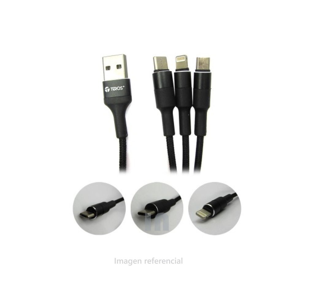 CABLE USB 3 EN 1 TEROS TE-6060N, USB TIPO C / MICRO-USB / LIGHTNING, 1.2 MTS