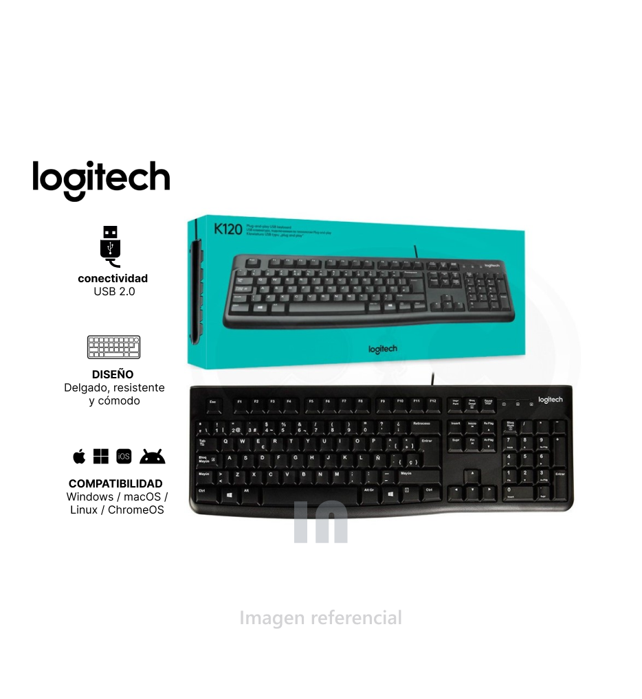 TECLADO LOGITECH K120, USB, ESPAÑOL, SILENCIOSO. PRODUCTO EN CAJA, FUNCIONALIDAD ESTANDAR.