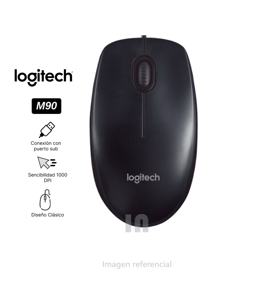 MOUSE ÓPTICO LOGITECH M90, 1000 DPI, USB, NEGRO, PRESENTACIÓN EN CAJA.
