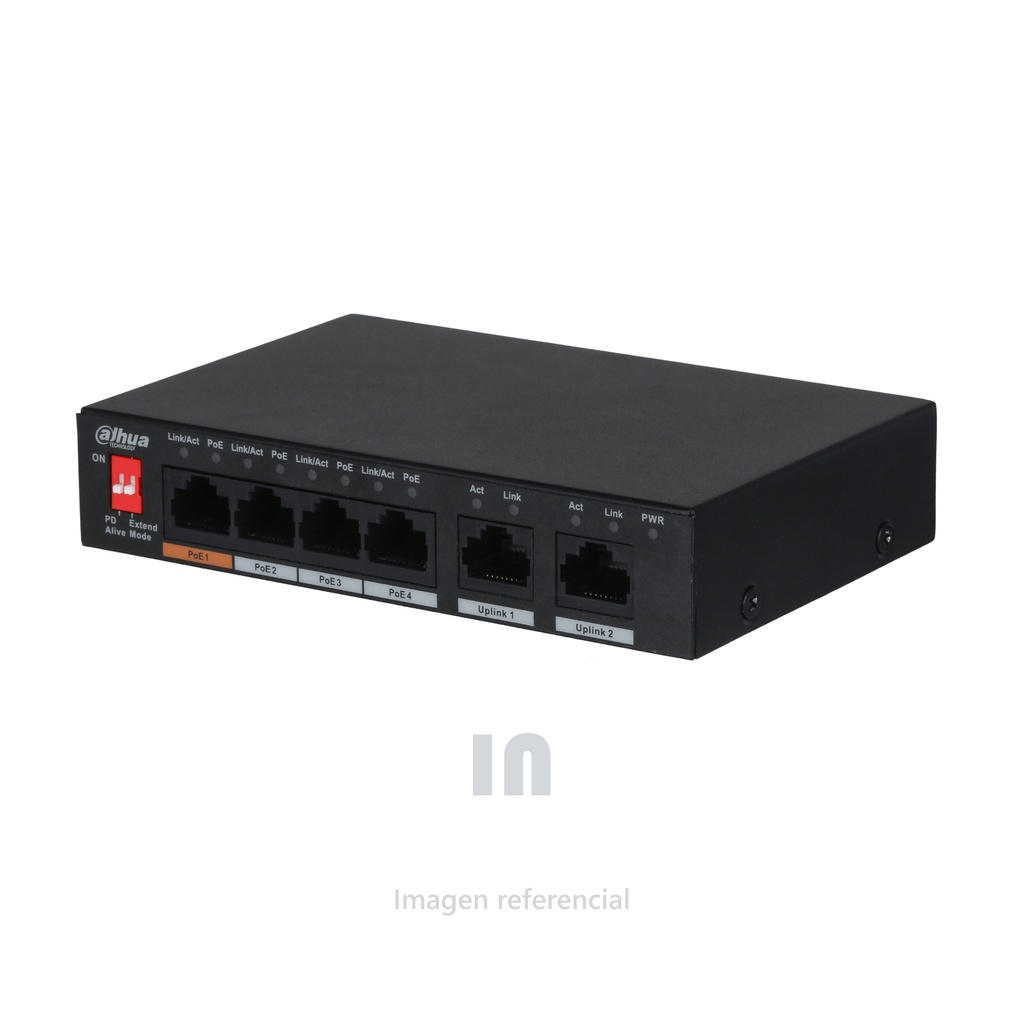 Switch PoE Dahua PFS3006-4ET-60, 6 puertos, para videovigilancia. 4 puertos PoE de 10/100 Mbps y 2 puertos uplink de 100 Mbps, conmutación de 1.8 Gbps. El puerto 1 Hi-PoE de hasta 60W, puertos 2 al 4 soportan hasta 30W, modo extendido PoE de hasta 250m a 10Mbps. Función PoE Watchdog.