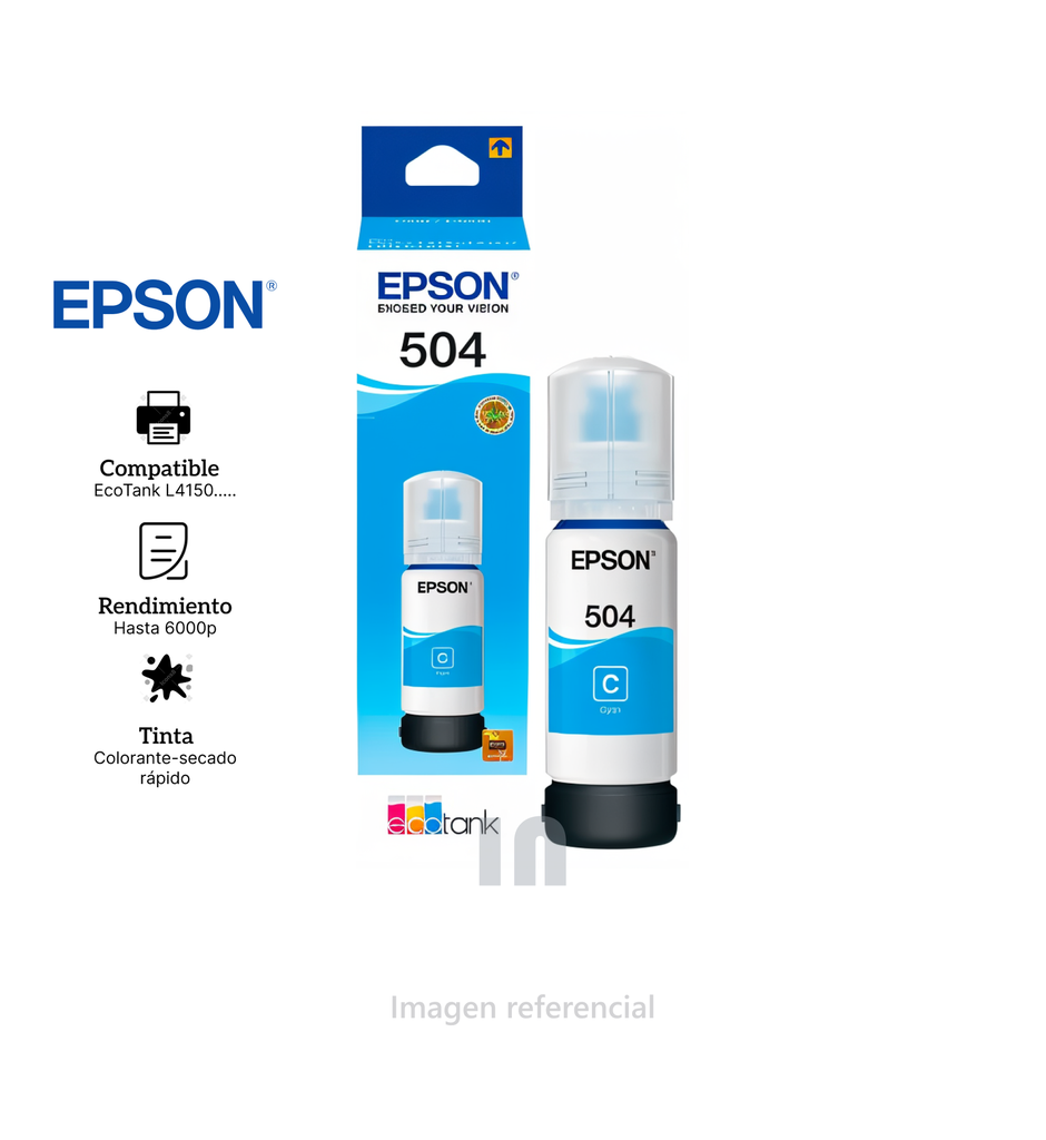 Botella de Tinta Epson 504 Cyan T504220-AL, 70 ml, Compatible:L4150/L4160/L4260/L6161/L6171/L6191/ L6270/L14150.