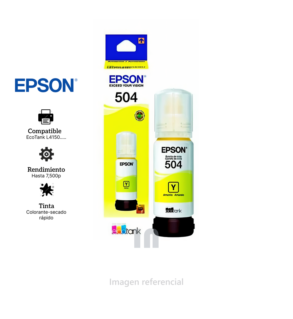 Botella de Tinta Epson 504 Amarillo T504420-AL, 70 ml, Compatible L4150/L4160/L4260/L6161/L6171/L6191/ L6270/L14150.