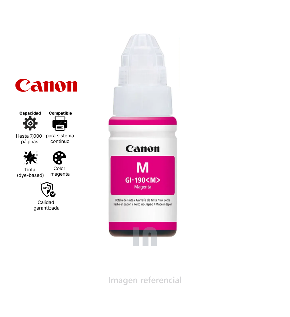 Botella de tinta Canon GI-190 M, MAGENTA ORIGINAL.