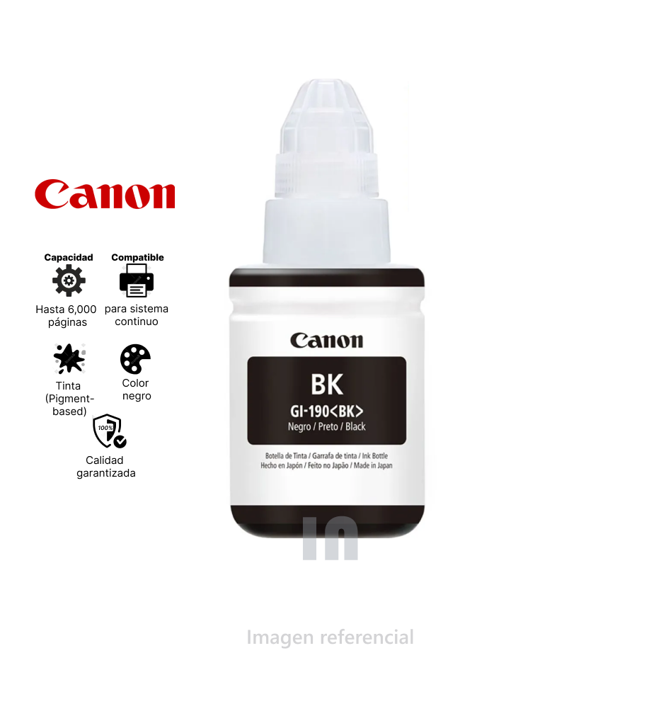 Botella de tinta Canon GI-190 BK, negro ORIGINAL.