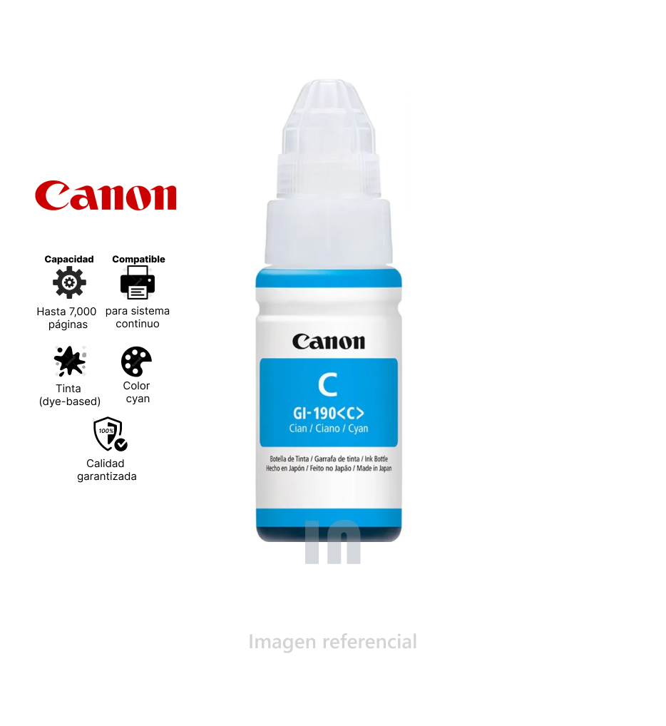 Botella de tinta Canon GI-190 C, cyan.