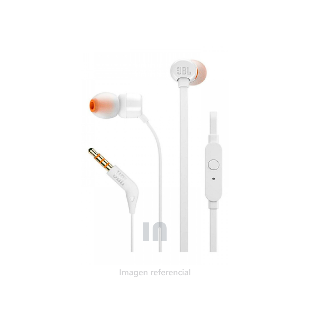 AURICULAR JBL, TUNE110 HARMAN, CON MICRÓFONO, PURO BASS, CABLE PLANO ANTIENRREDO, BLANCO.