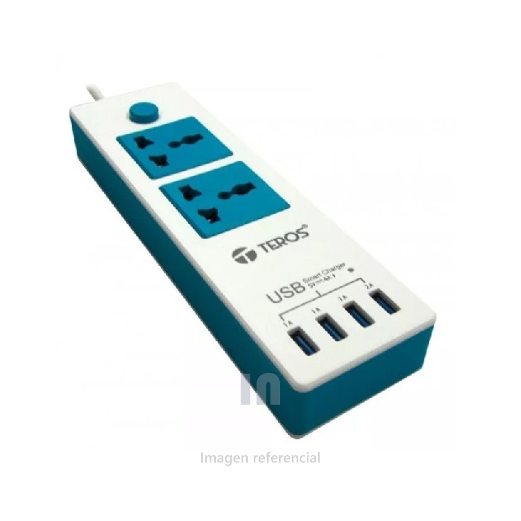 Supresor de Picos Teros TE-015, 220V, 2 salidas Universales, 4 puertos USB para carga.