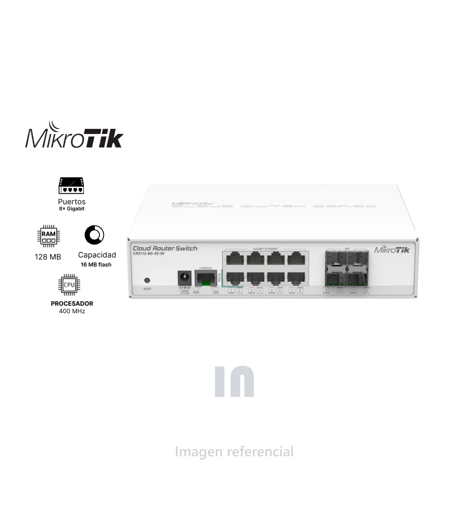 Gigabit Ethernet Smart Switch Mikrotik CRS112-8G-4S-IN 8x, 4x SFP cages, 400MHz CPU, 128MB RAM, desktop case, RouterOS L5