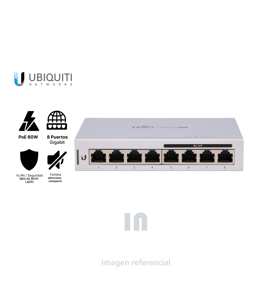 Switch Ubiquiti UniFi US-8-60W – 8 Puertos Gigabit PoE 60W, 2 SFP, VLAN, LACP, RSTP