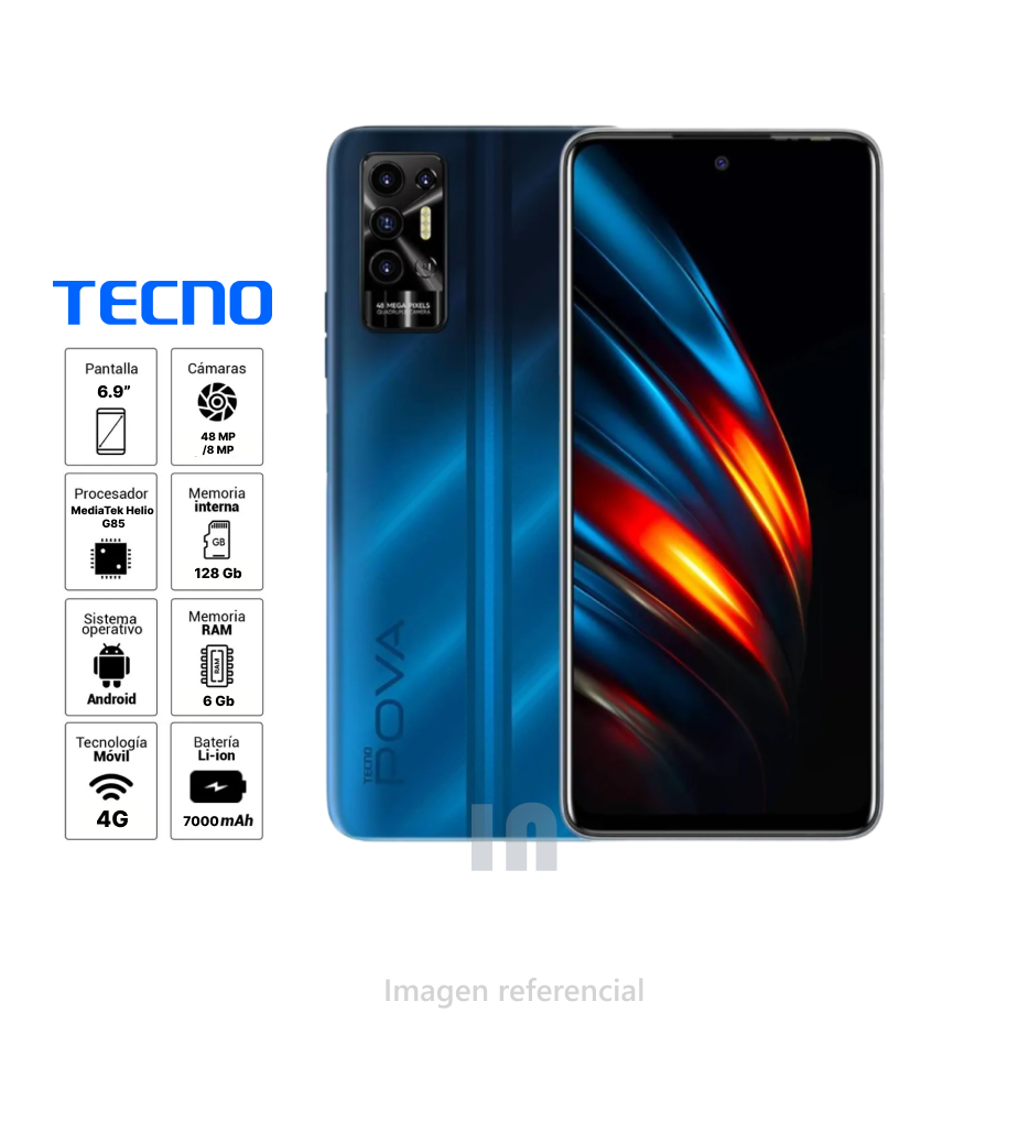 Smartphone Tecno Pova 2 128GB + 6GB RAM, Pantalla 6.9”, Helio G85, Cámara 48MP, Batería 7000 mAh – Color Blue
