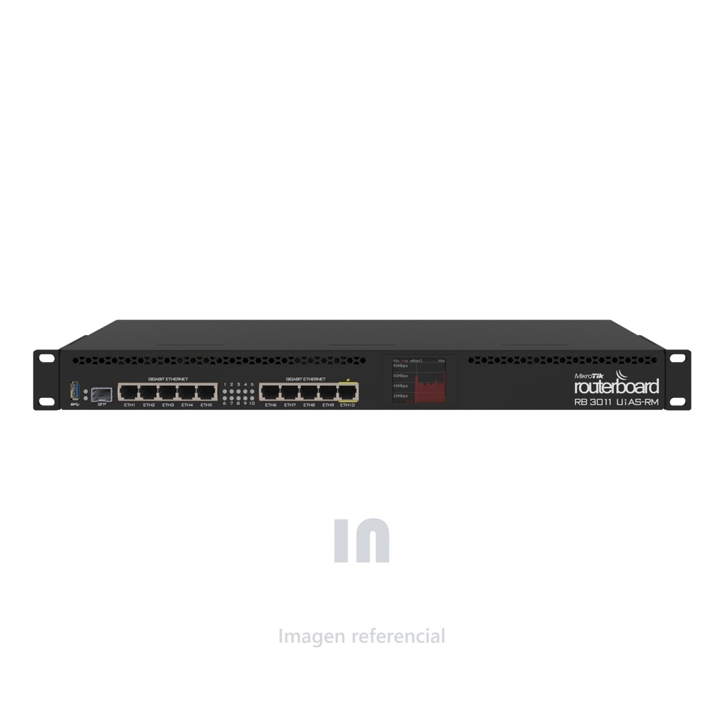 RouterBOARD Mikrotik RB3011UiAS-RM 3011UiAS with Dual core 1.4GHz ARM CPU, 1GB RAM, 10xGbit LAN, 1xSFP port, RouterOS L5, 1U rackmount case, LCD panel