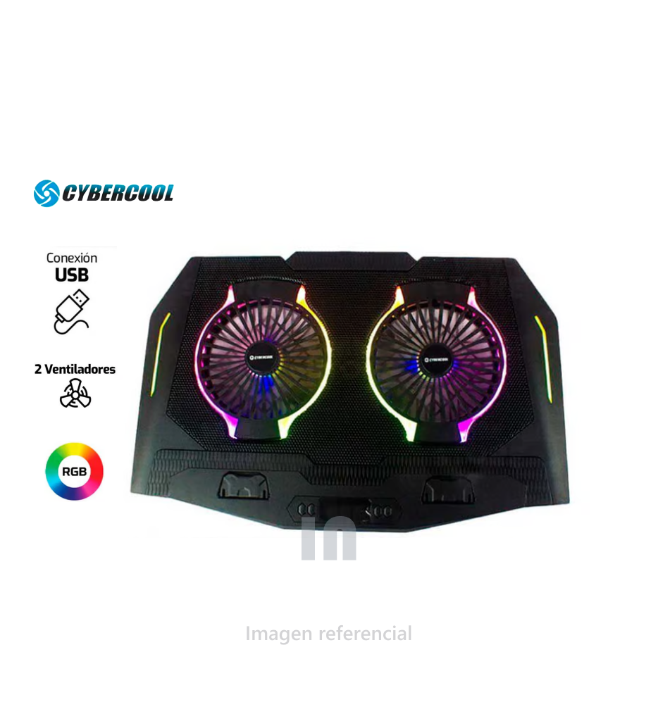 Coolerpad for notebook ha-n10 rgb cybercool gaming, display, conexion usb, luces rgb, negro. 