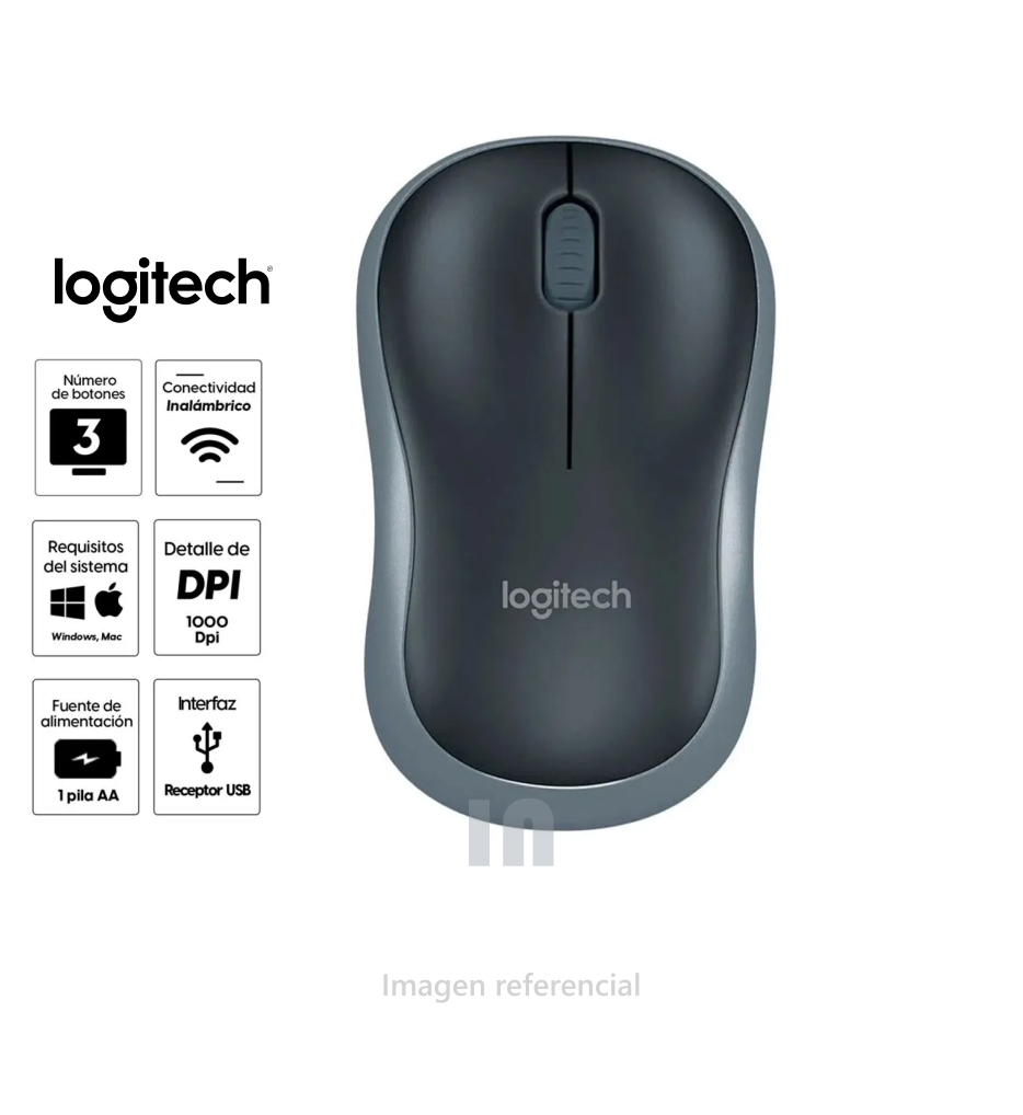 Mouse optico inalmbrico Logitech M185, 1000 dpi, Receptor USB, 2.4GHz, color gray