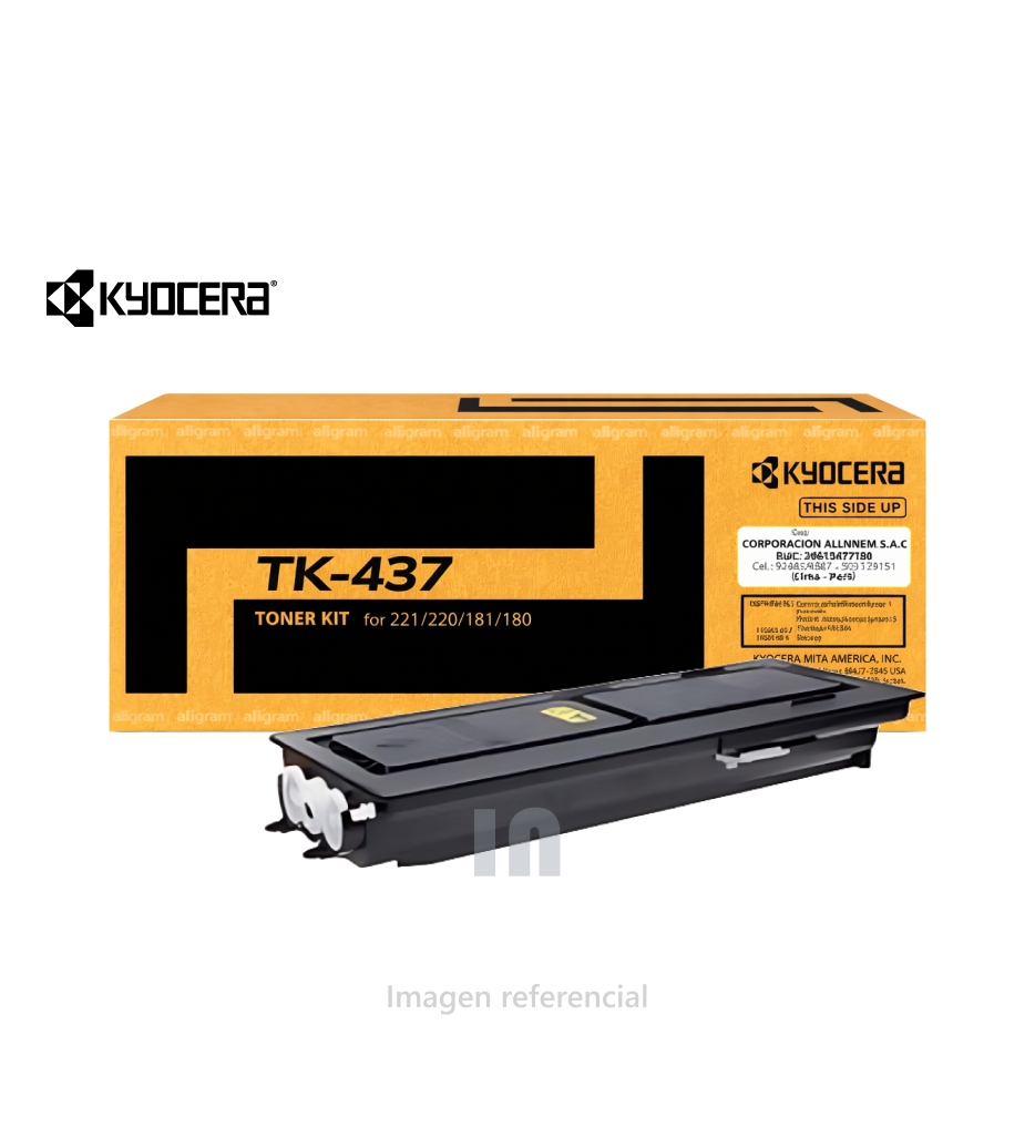 Tóner Kyocera TK-437, Cartucho Negro para Multifuncionales Kyocera Taskalfa 221, Rendimiento 15,000 Páginas