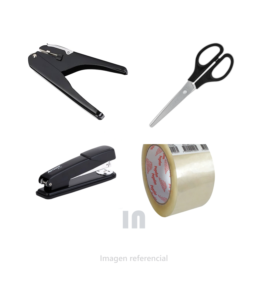 SET DE MATERIALES PARA ESCRITORIO, TIJERA , ENGRAPADORA, CINTA EMBALAJE Y PERFORADOR DE 1 HUECO.