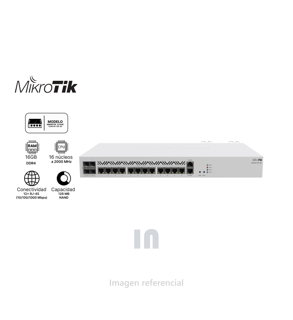 MikroTik Cloud Core Router CCR2116-12G-4S+ – 16 Núcleos 2.0GHz | 16GB RAM | 12xGbE + 4xSFP+ | Dual AC