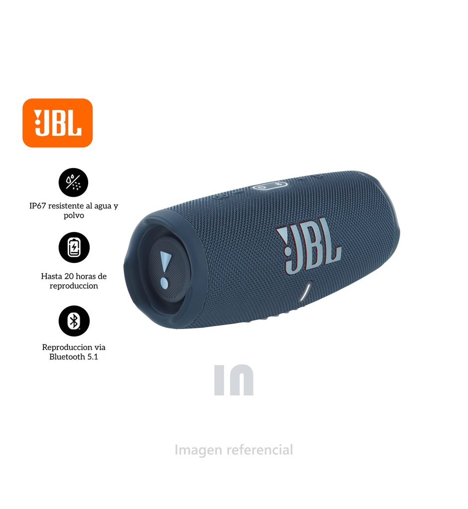 Altavoz bluetooth JBL Charge 5 30W, resistente al agua IP67, 20 horas máximo, batería 7500 mAh, función TWS, carga USB-C, azul. 
