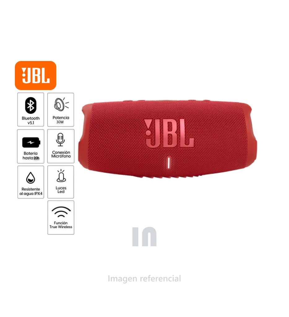 Altavoz bluetooth JBL Charge 5 30W, resistente al agua IP67, 20 horas máximo, batería 7500 mAh, función TWS, carga USB-C, rojo.