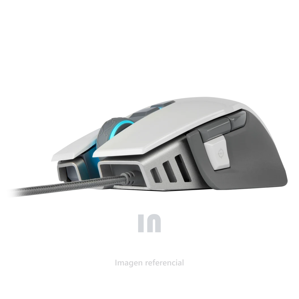 Mouse Gamer Corsair (CH-9309111-NA) fps m65 rgb elite ajustable, marco de aluminio, sensor óptico de 18000 DPI, 8 botones programables, Blanco.