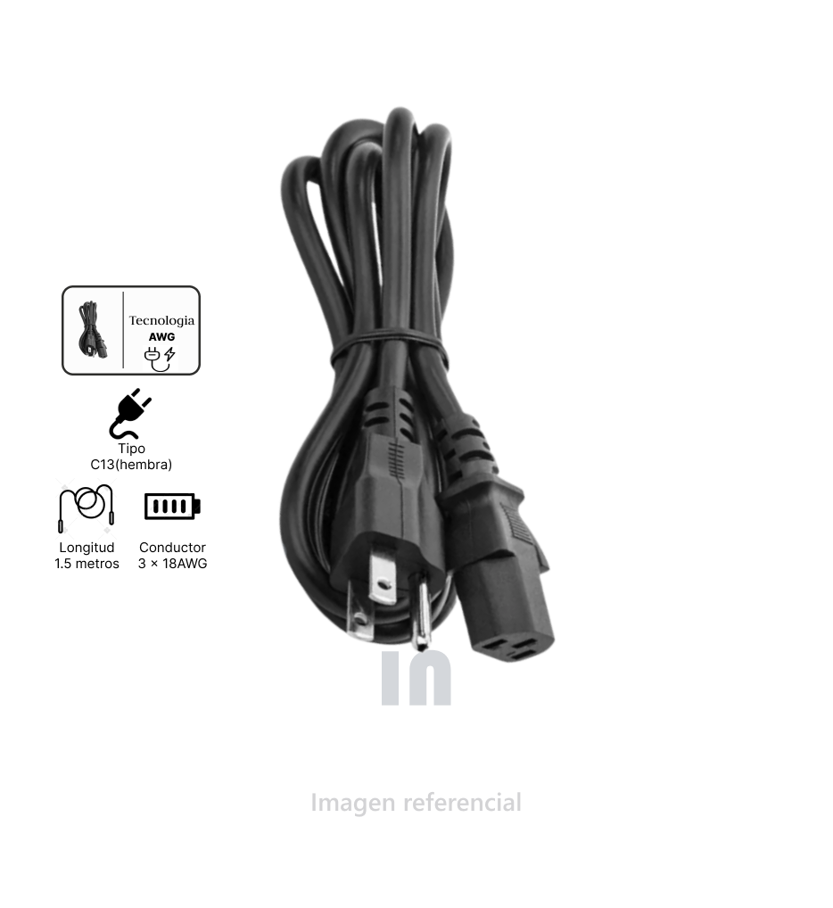 CABLE DE PODER NEGRO DE 1.5M, 3 X 18AWG, CONECTOR HEMBRA TIPO C13.