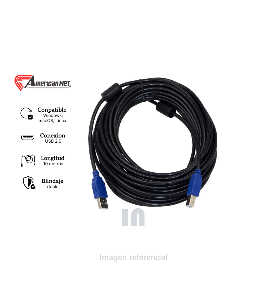 CABLE USB 2.0 PARA IMPRESORA 10 METROS, NEGRO.