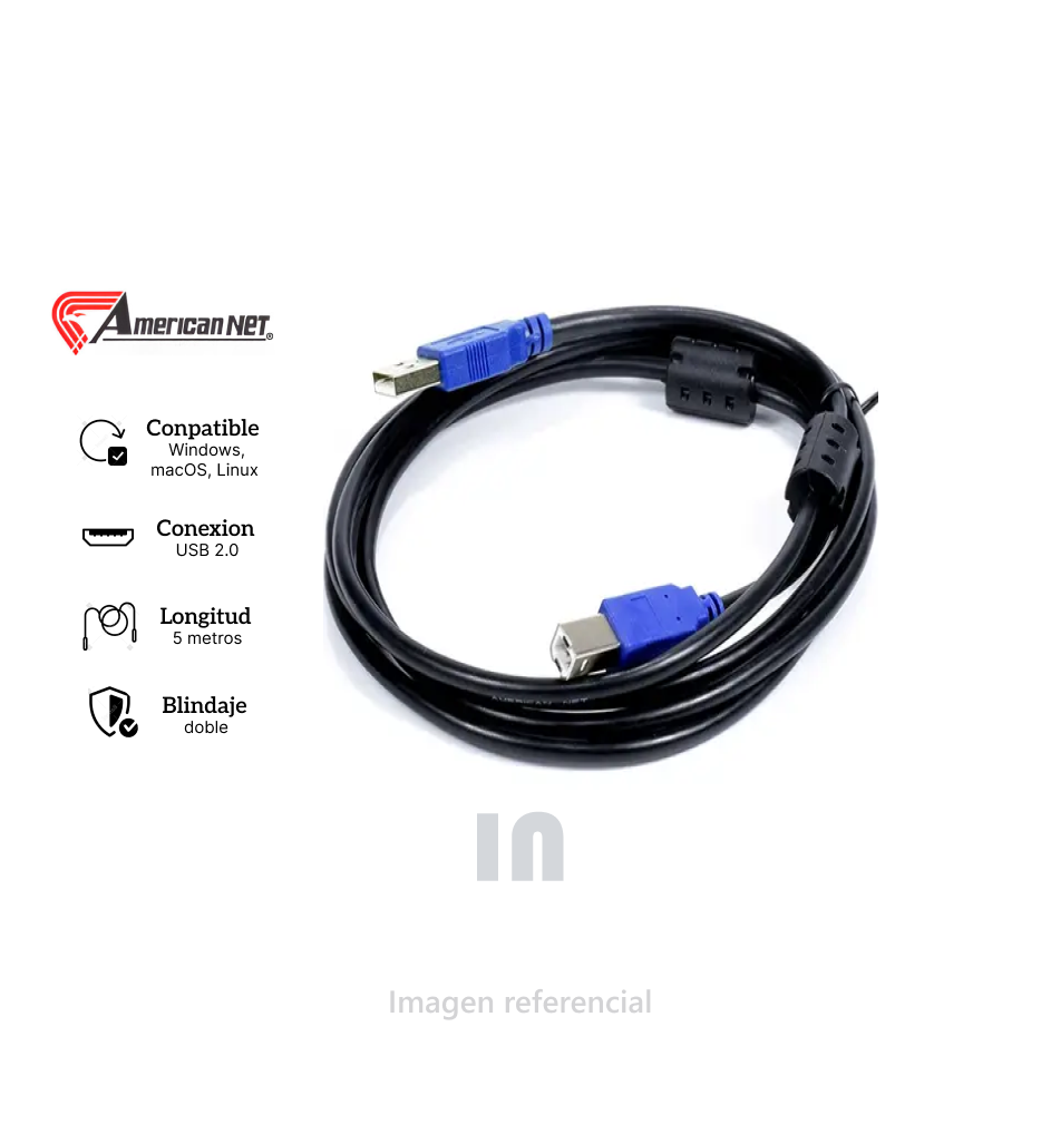 CABLE USB 2.0 PARA IMPRESORA, 5 METROS, NEGRO.