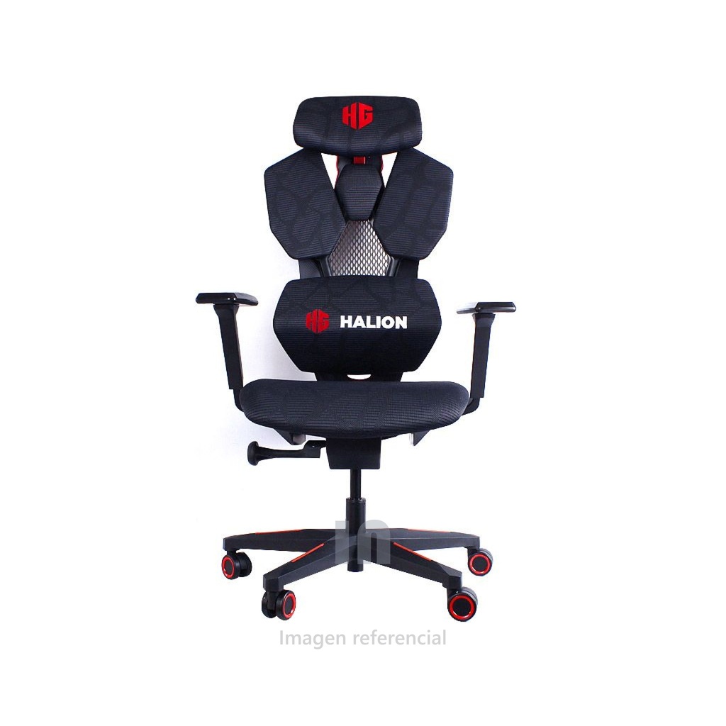 Silla Gamer Halion Battle-E Mesh, Cojín de Espuma, Reposabrazos 4D, Espaldar Reclinable 90-140, Rojo/Negro