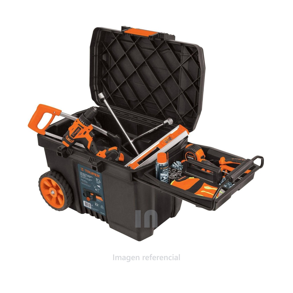 Caja para herramienta truper de 23 pulg con ruedas y mango telescópico, polipropileno, Ruedas grandes de uso rudo de 7 ½ pulg (22 cm), Asa metálica y broche metálico de liberación rápida a una mano, charola con 2 posiciones.