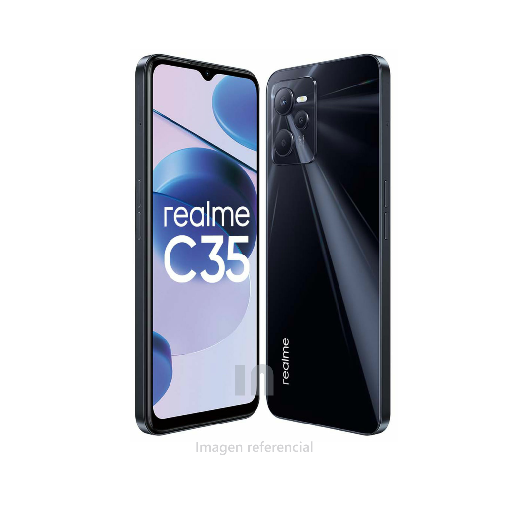 Smartphone realme C35 – Pantalla 6.6", Unisoc Tiger T616, 4GB RAM, 64GB ROM, Triple Cámara 50MP, Batería 5000 mAh, Color Negro Encendido
