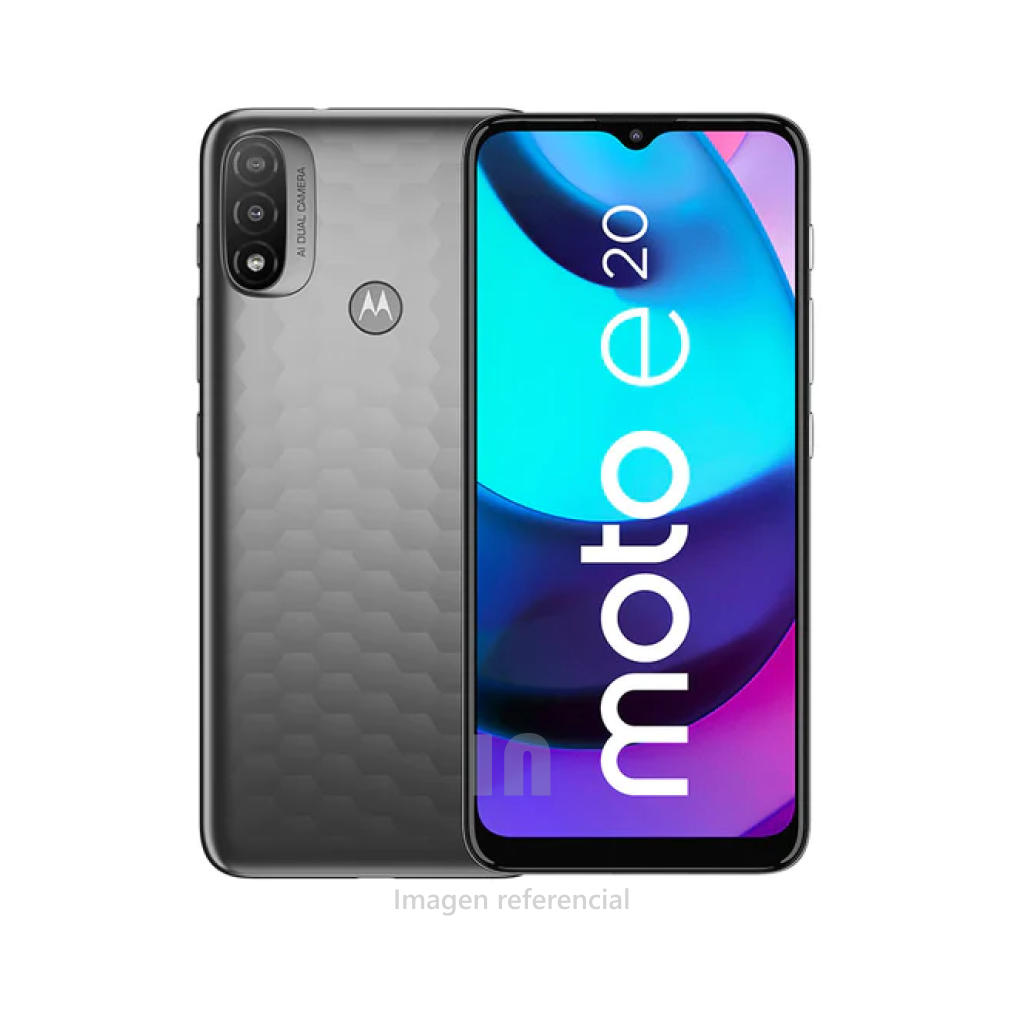 Smartphone motorola moto e20 (XT2155-5), pantalla de 6.5 pulg, procesador Octacore Unisoc T606, memoria ram de 2gb, rom de 32gb, cámara posterior de 13mp, 2mp, frontal de 5mp, batería de 4000 mAh, gris grafito.