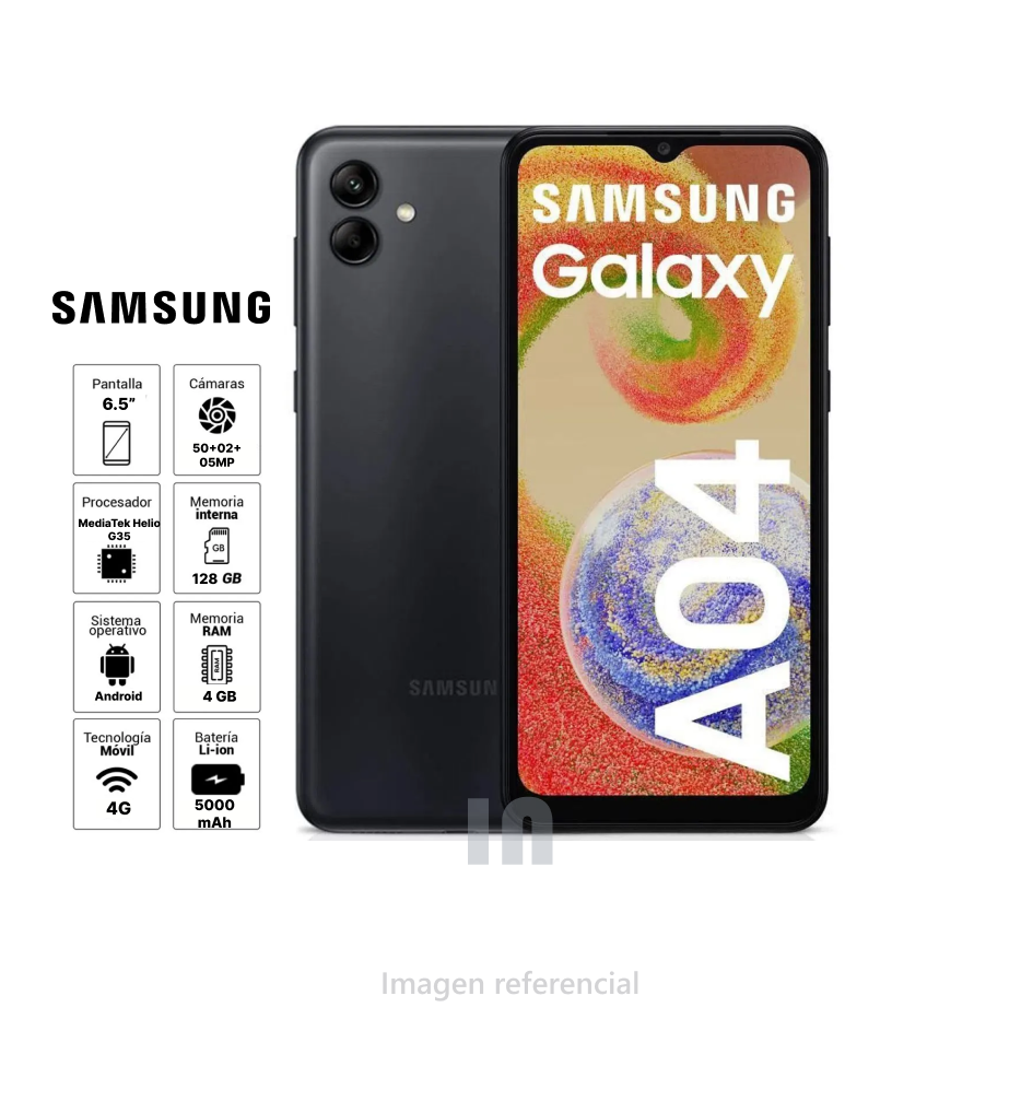 Smartphone Samsung Galaxy A04 128GB + 4GB RAM, Pantalla 6.5”, Helio G35, Cámara 50MP, Batería 5000 mAh – Negro (SM-A045M/DS)