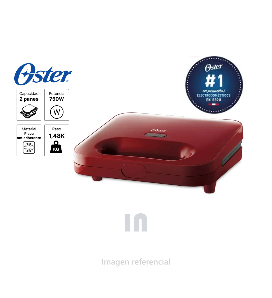 Sandwichera Oster CKSTSM2885-053, 750W, Rojo Oscuro, Placas Antiadherentes