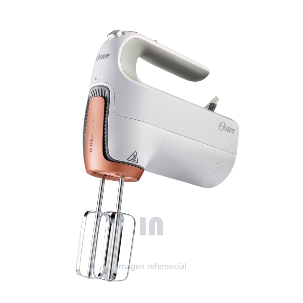 Batidora de mano oster, de 5 velocidades, bombilla magnetica removible, funcion heatsoft, con boton practico de expulsar los batidores.