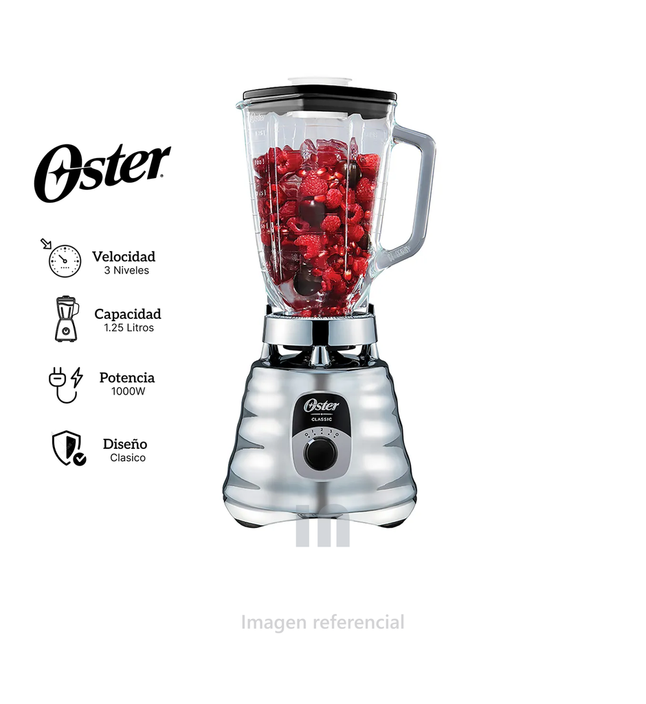 Licuadora clásica Oster con 3 velocidades con perilla ergonómica BLST4655 cromada.