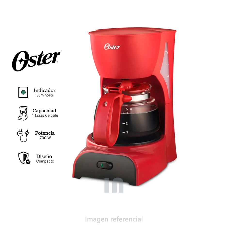 Cafetera Oster BVSTDCD5R5, 4 Tazas, Luz Indicadora, Canasta Removible, Filtro Lavable, Color Rojo