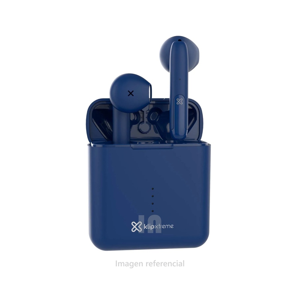 Audífonos inalámbricos twin touch klip xtreme (kte-010bl), tru wireless estéreo y bluetooh v5.0 para transmisión rápida, alta calidad con agudos nítidos, 17 horas de tiempo total de reproducción con 3.5 horas por ciclo hasta 5 ciclos de 3, incluye un identificador led, ipx4 resistente a la lluvia, salpicaduras o sudor, USB-C, color blue