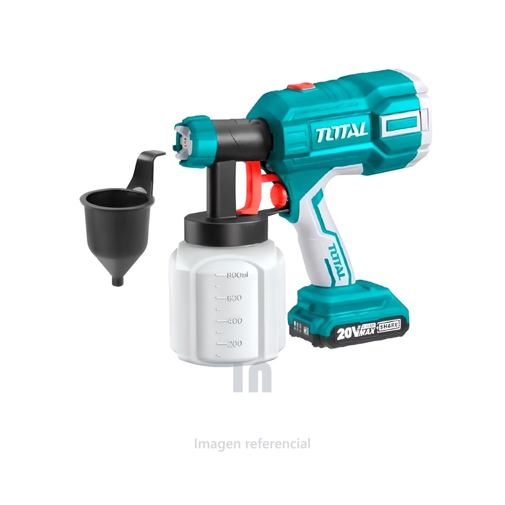 Pistola de aire Total para pintar inalámbrico litio 20v, no necesita compresor, presión 0.1 -0.2bar, flujo de 600ml/min, viscosidad máxima de la pintura 40dni-s, trae una aguja de mantenimiento y vaso para medir, verde.