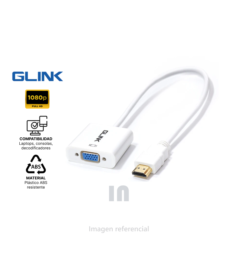 Adaptador convertidor HDMI a VGA Glink (Gl-001), más audio de 3.5mm, blanco.