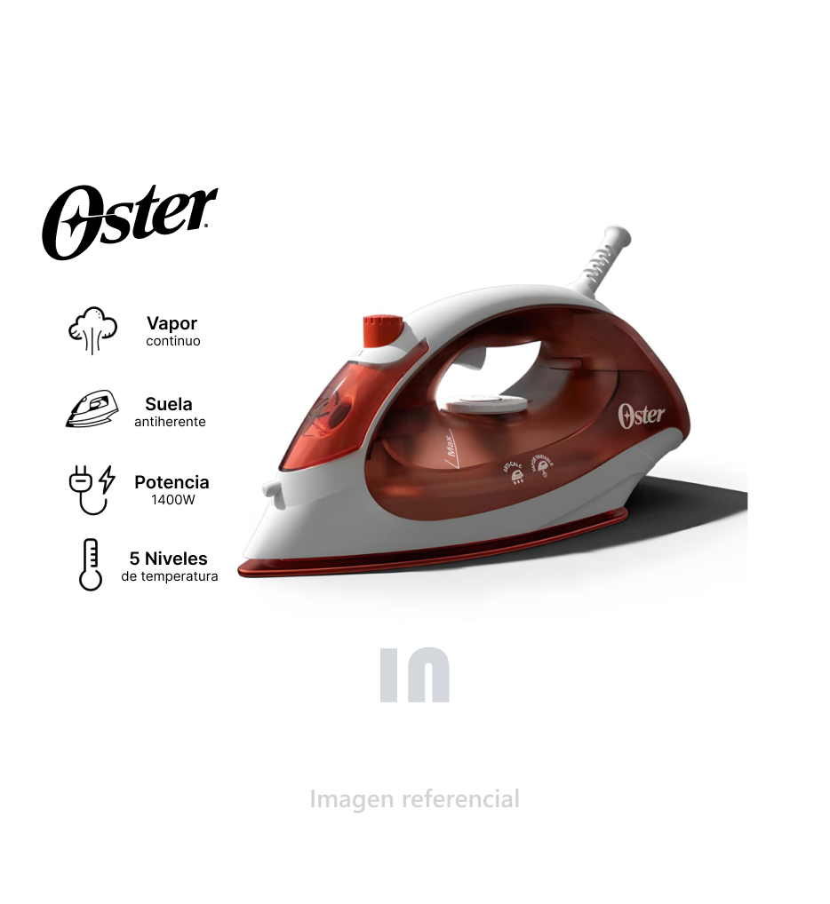 Plancha de Vapor Oster Compacta 1400watts, (GCSTBS5004-053), 5 niveles de temperatura, antiadherente, Rojo.