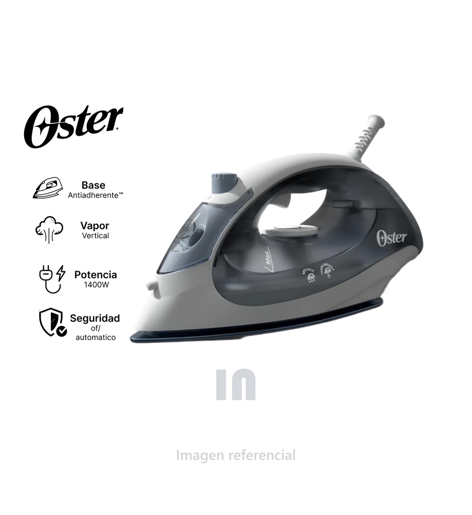Plancha de Vapor Oster Compacta GCSBSTBS5001-053, 1400W, 5 Niveles de Temperatura, Base Antiadherente, Gris.