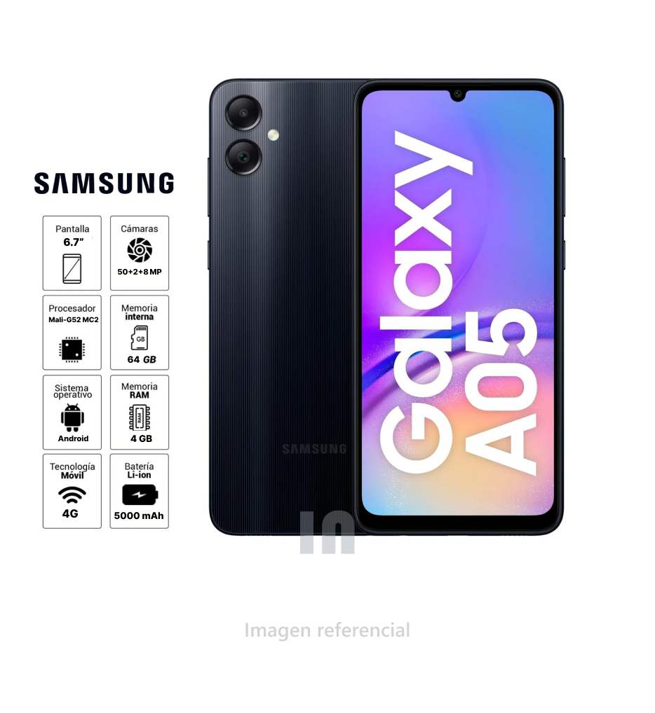 Samsung Galaxy A05, 6.7", 4GB RAM, 64GB, cámara 50MP, batería 5000mAh.