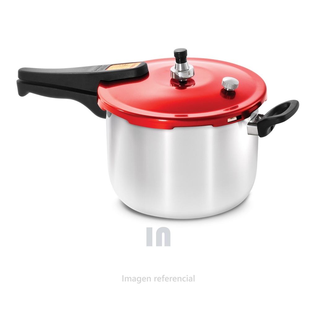 OLLA PRESIÓN ALUMPRESS RECORD, TAPA DE ALUMINIO ANODIZADO DE COLOR ROJO, PARA TODO TIPO DE COCINA: GAS Y ELÉCTRICA. CON CUATRO SISTEMAS DE SEGURIDAD, AHORRA TIEMPO Y ENERGÍA, FÁCIL MANEJO, CAPACIDAD DE 5 LITROS.