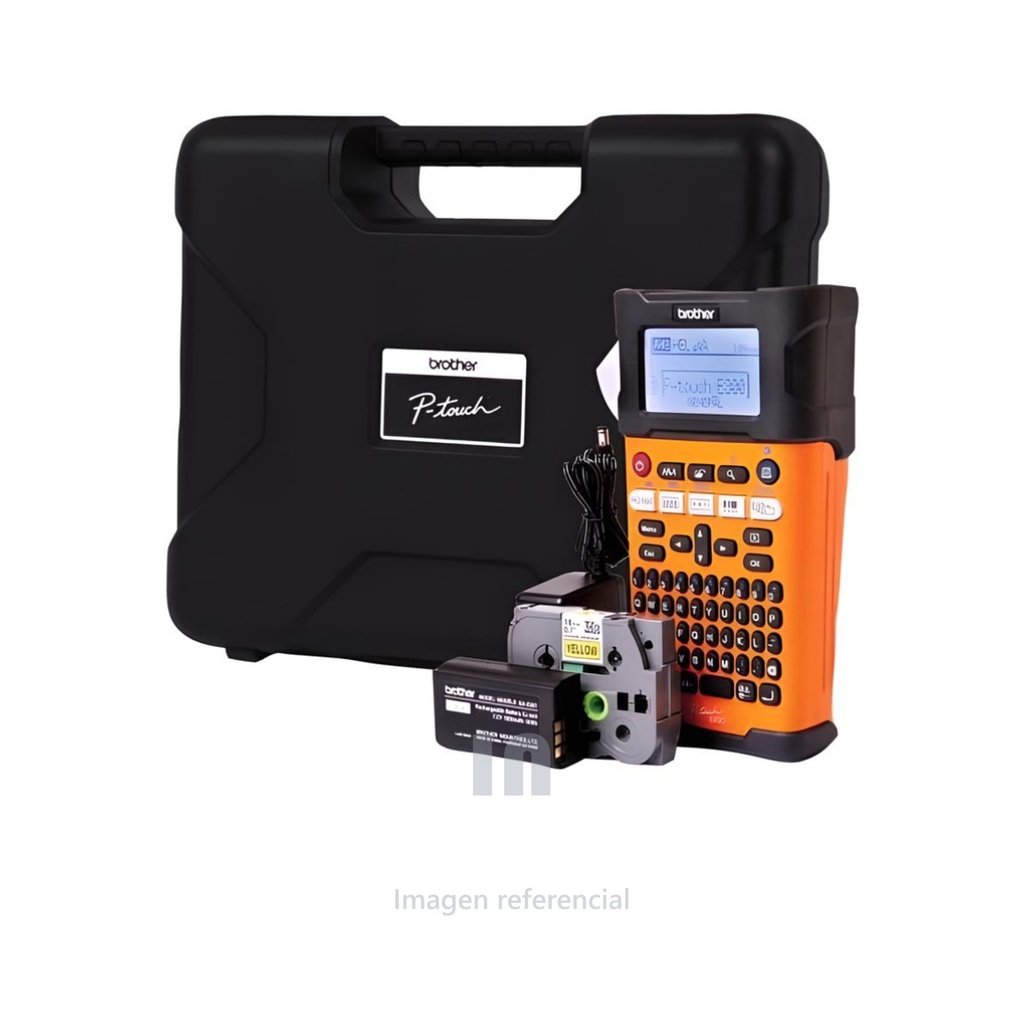 Rotuladora industrial portátil PT-E300VP, etiquetas hasta 18mm, con batería recargable, maletín incluido, negro naranja.