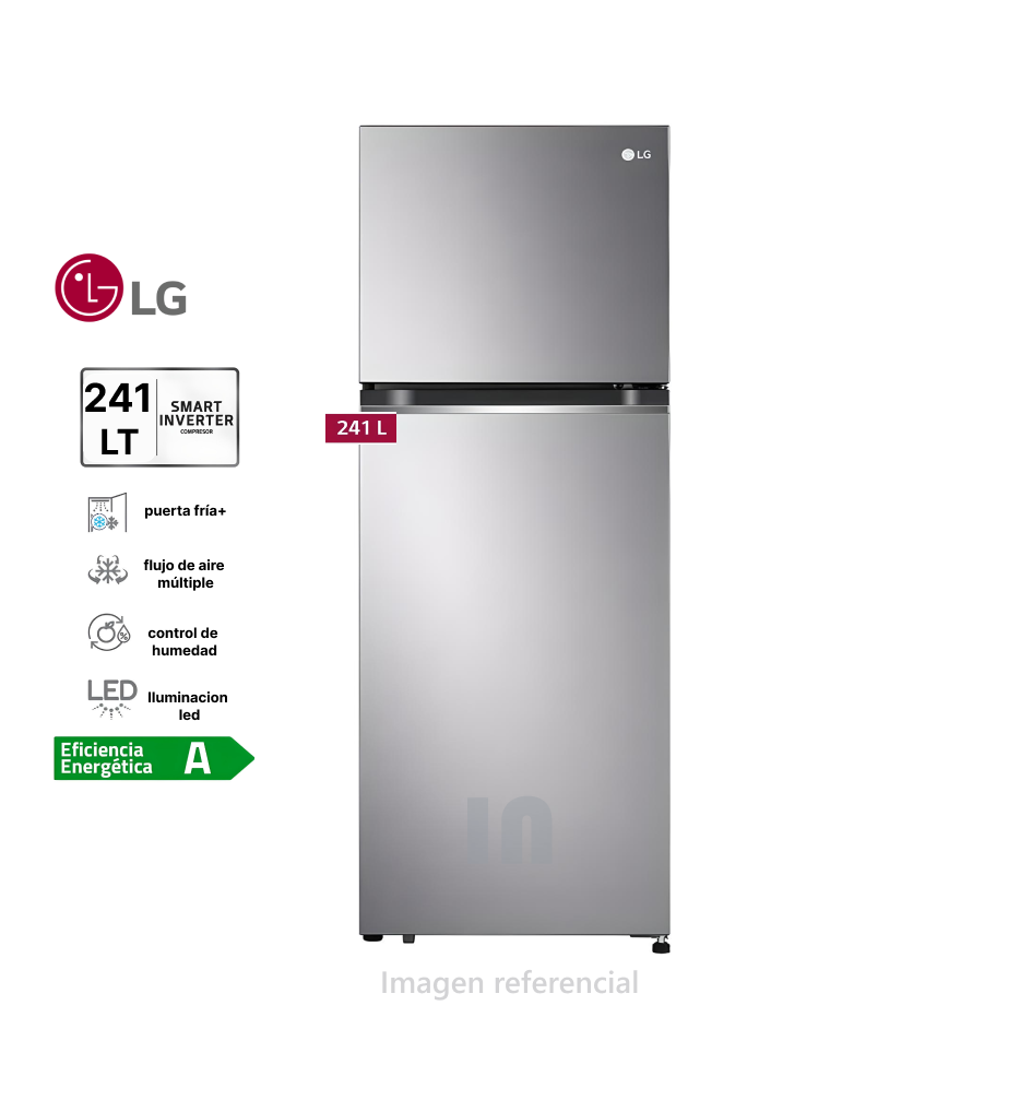 Refrigeradora GT24BPP 241LT, Door Cooling LG, comprensor Smart inverter, dispensador de hielo manual, plateado. 
