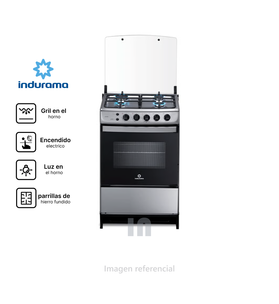 Cocina a gas Indurama coruña croma, 4 quemadores de hierro fundido, horno, gris.